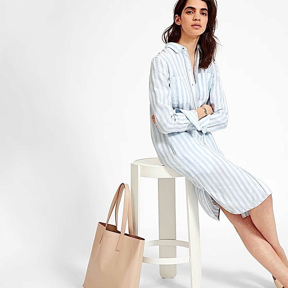 Everlane Linen Dress Blue & White Striped Collared Shirt Dress Size 00